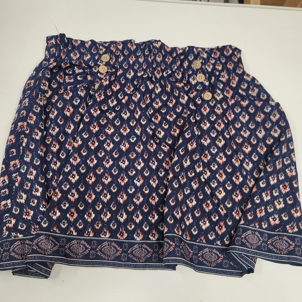Maurices Bohemian Skirt L Navy Blue Peach Floral Print Button Front